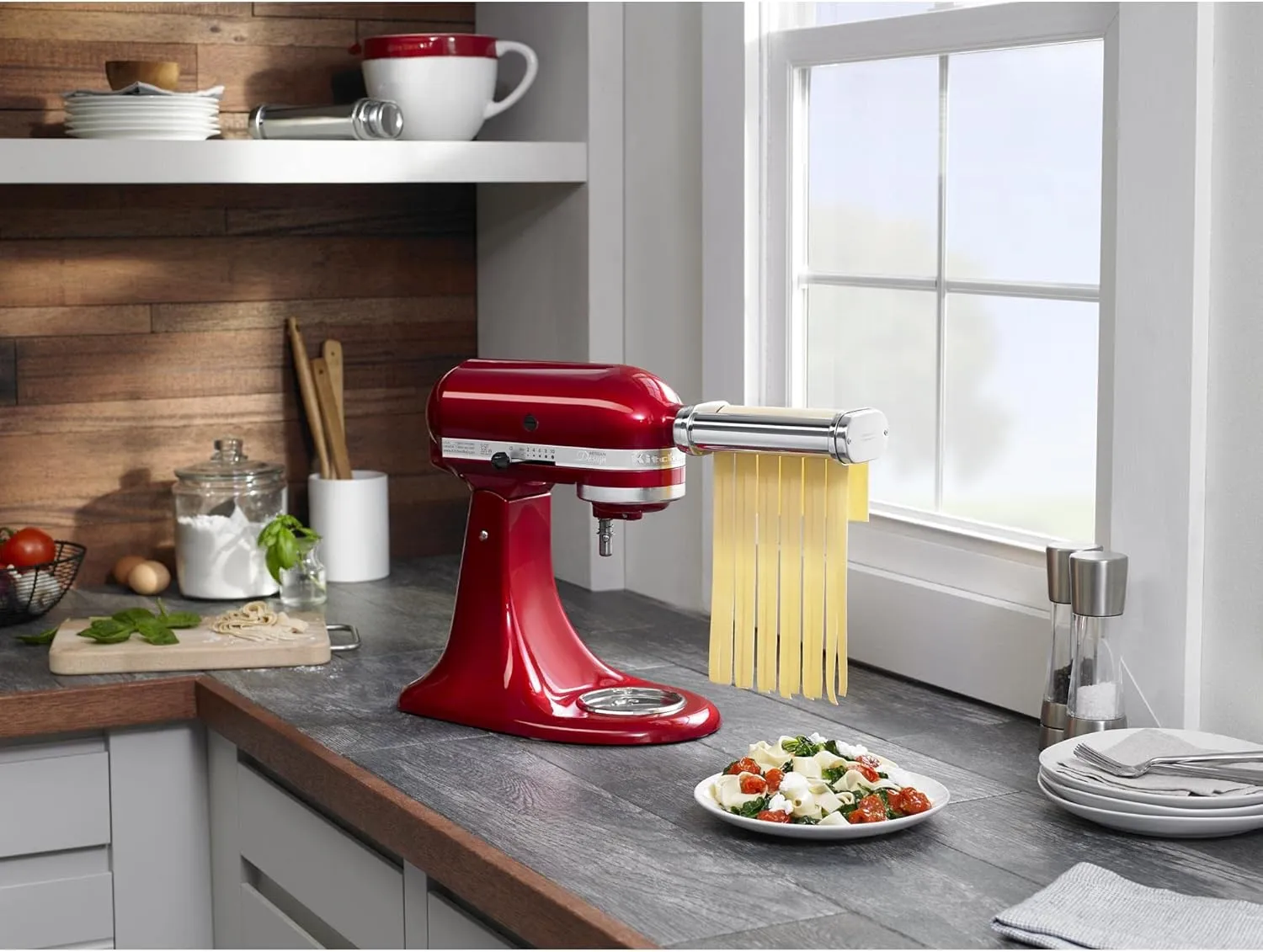 KitchenAid® 7 Quart Bowl-Lift Stand Mixer, Empire Red & KSMPDX Pasta Deluxe Set Stand Mixer Attachment, 5 Piece, Stainless Steel