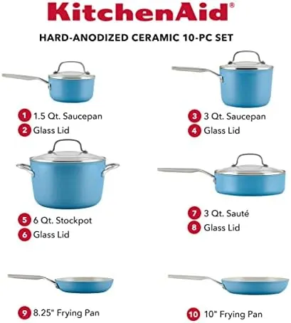 KitchenAid Hard Anodized Ceramic Nonstick Cookware/Pots and Pans Set, 10 Piece - Blue Velvet