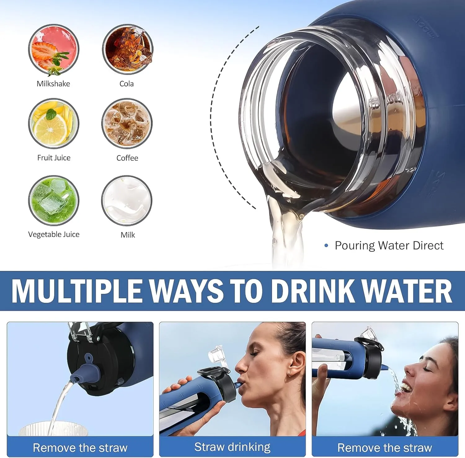 Kodrine Water Bottle With Straw and Carry Handle, Glass Water Bottle 24 oz Leak Proof Locking Lid with Soft Silicone Spout, Reusable Drinking Cups for Travel Sports with Time Marker,Navy Blue