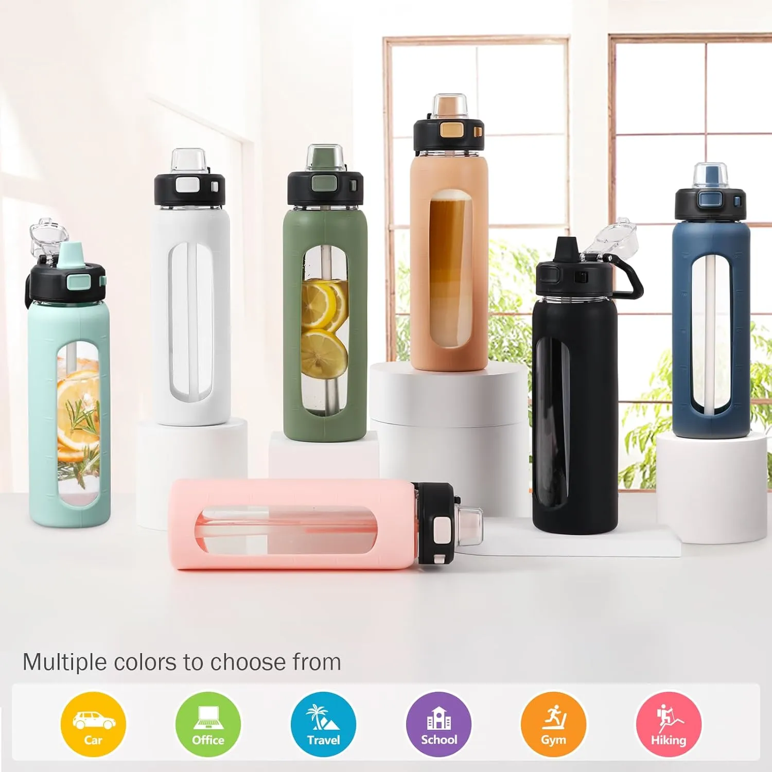 Kodrine Water Bottle With Straw and Carry Handle, Glass Water Bottle 24 oz Leak Proof Locking Lid with Soft Silicone Spout, Reusable Drinking Cups for Travel Sports with Time Marker,Navy Blue