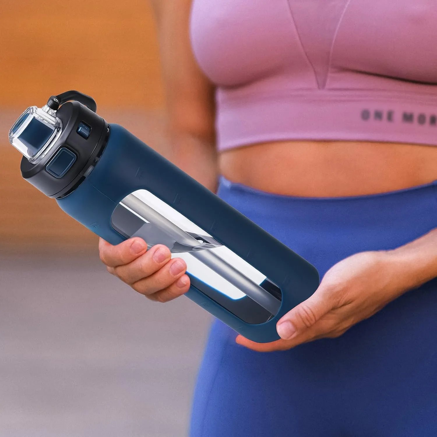Kodrine Water Bottle With Straw and Carry Handle, Glass Water Bottle 24 oz Leak Proof Locking Lid with Soft Silicone Spout, Reusable Drinking Cups for Travel Sports with Time Marker,Navy Blue