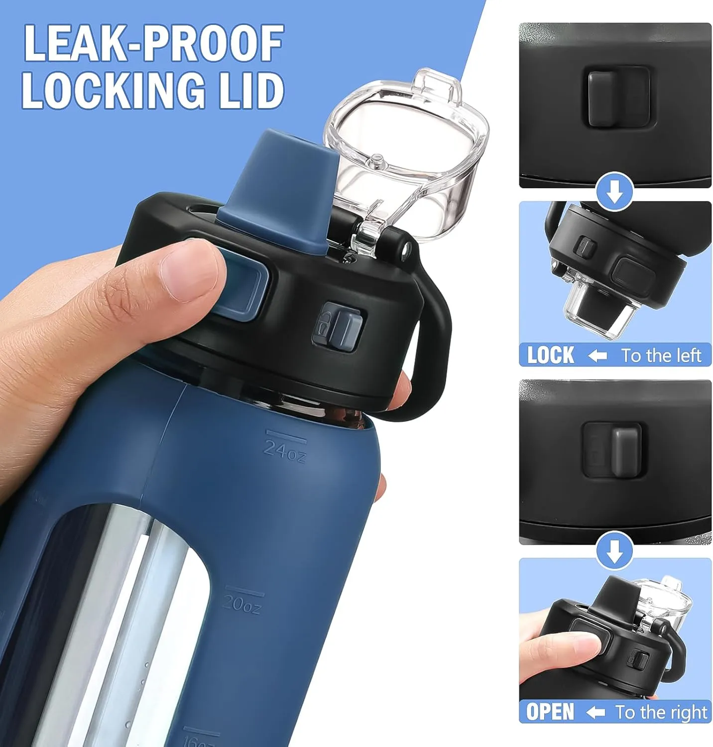 Kodrine Water Bottle With Straw and Carry Handle, Glass Water Bottle 24 oz Leak Proof Locking Lid with Soft Silicone Spout, Reusable Drinking Cups for Travel Sports with Time Marker,Navy Blue
