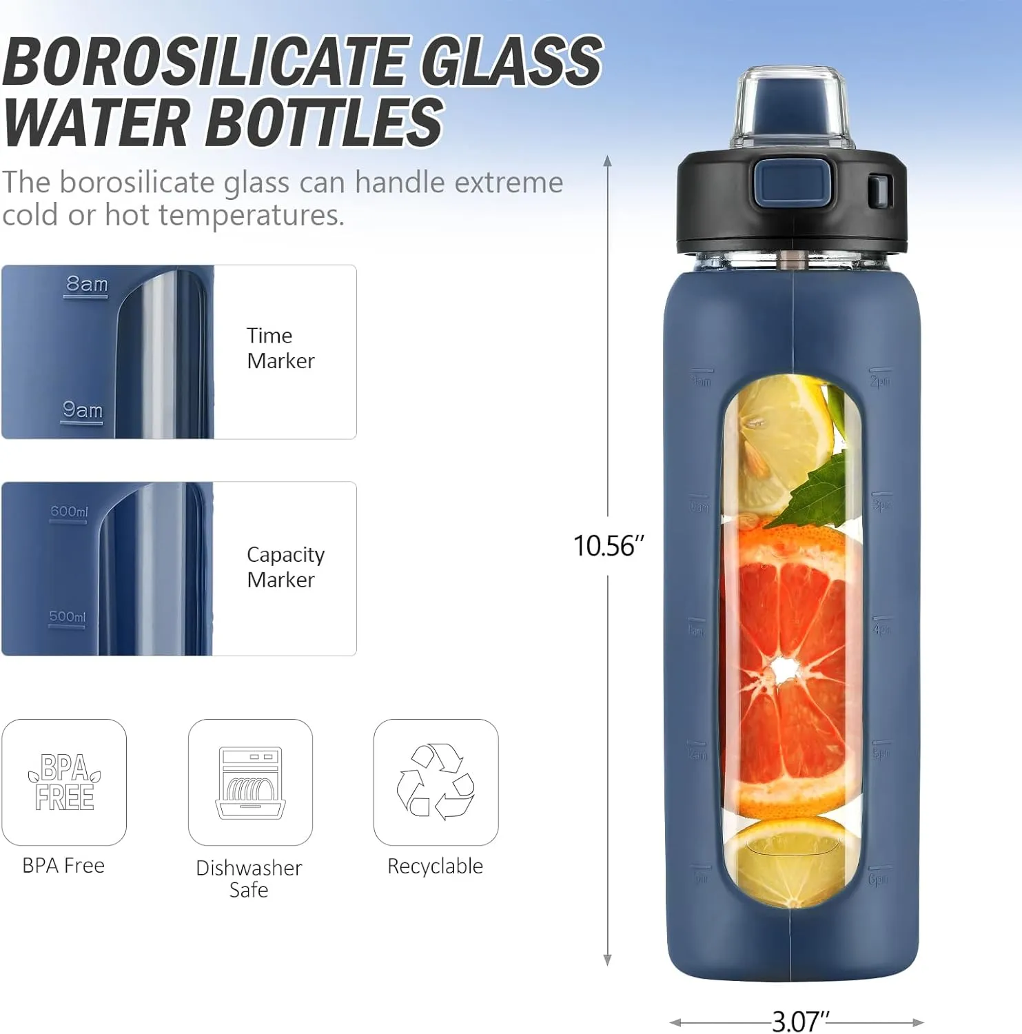 Kodrine Water Bottle With Straw and Carry Handle, Glass Water Bottle 24 oz Leak Proof Locking Lid with Soft Silicone Spout, Reusable Drinking Cups for Travel Sports with Time Marker,Navy Blue