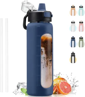 Kodrine Water Bottle With Straw and Carry Handle, Glass Water Bottle 24 oz Leak Proof Locking Lid with Soft Silicone Spout, Reusable Drinking Cups for Travel Sports with Time Marker,Navy Blue