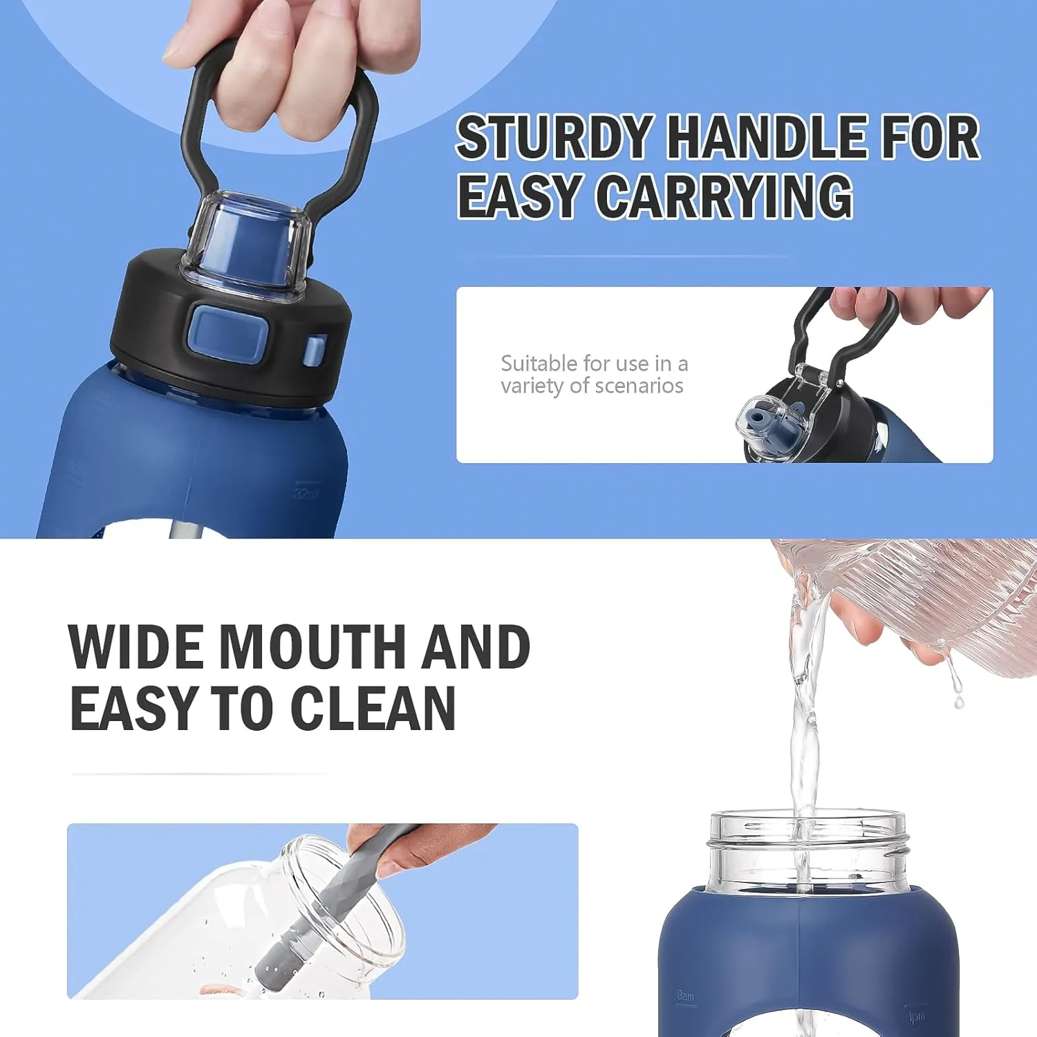 Kodrine Water Bottle With Straw and Carry Handle, Glass Water Bottle 24 oz Leak Proof Locking Lid with Soft Silicone Spout, Reusable Drinking Cups for Travel Sports with Time Marker,Navy Blue