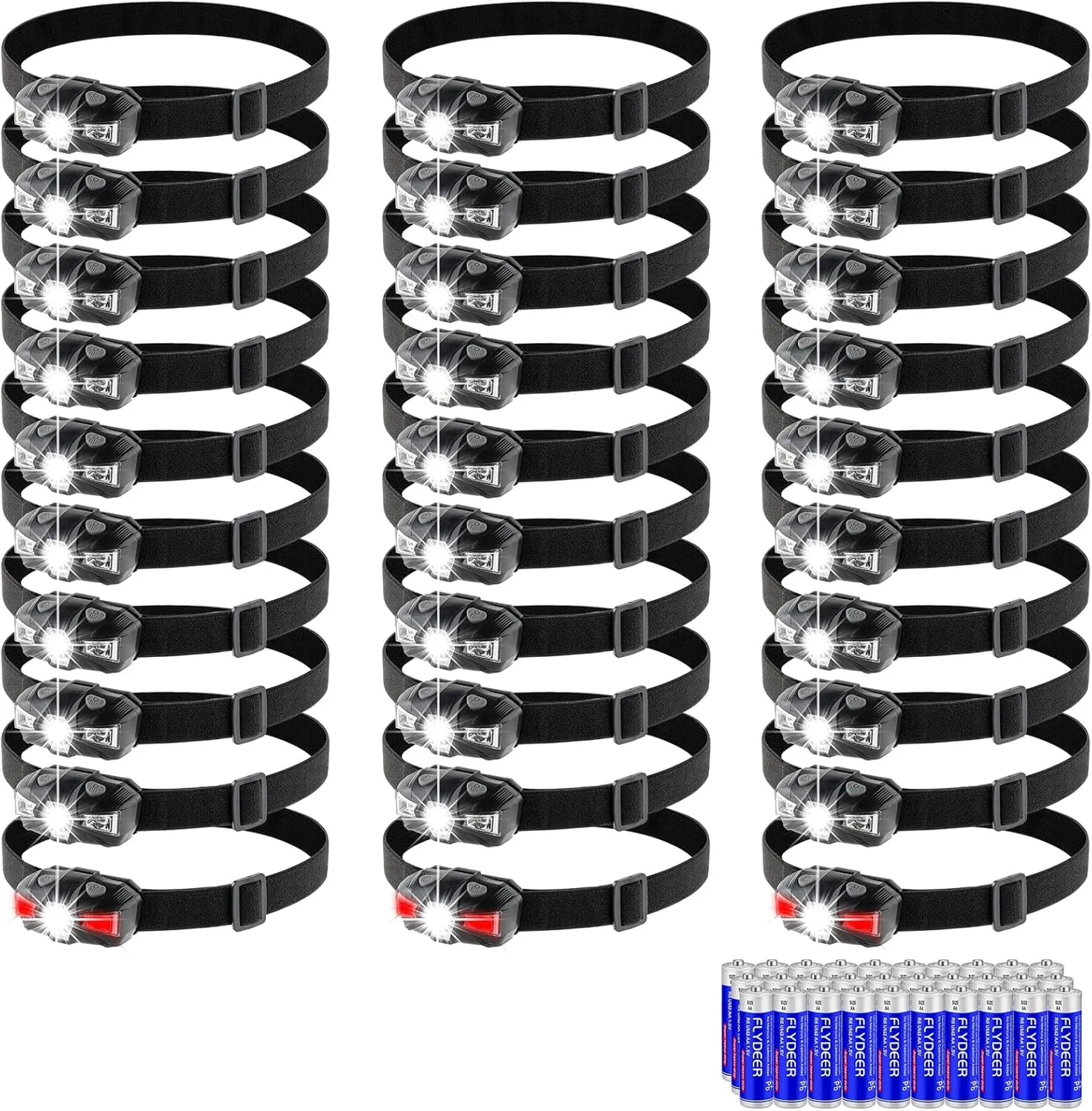 KunHe LED Headlamp 30 Pack Small HeadLamp with Red Light Requires only one AA Battery Hurricane Emergency (Included AA*30 Batteries)