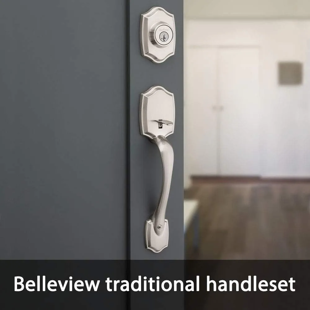 Kwikset Belleview Front Door Lock Handle and Deadbolt Set, Entry Handleset Exterior with Interior Door Knob, Satin Nickel, Pick Resistant SmartKey Rekey Deadbolt Security