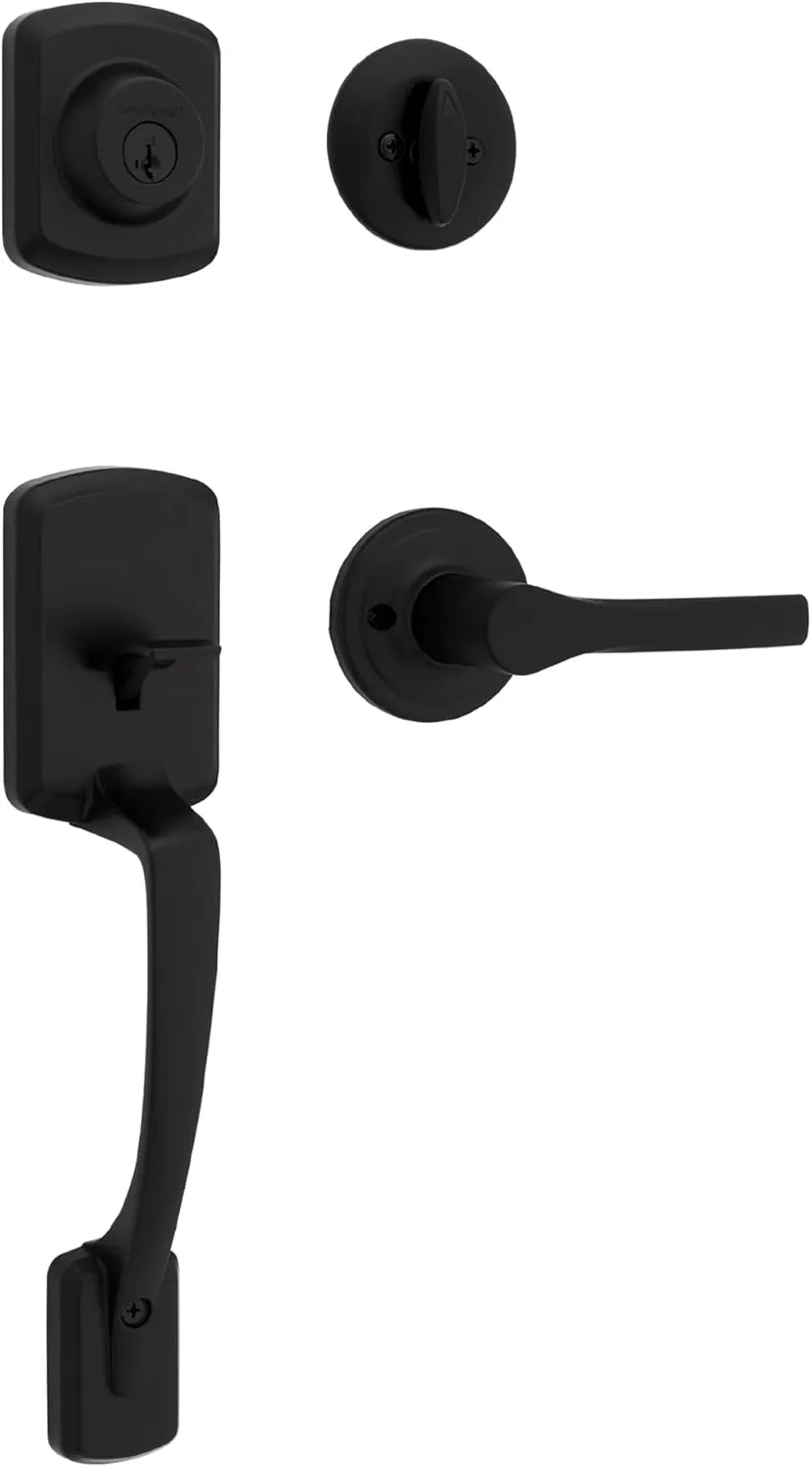 Kwikset Henley Front Door Lock Handle and Deadbolt Set, Entry Handleset Exterior with Interior Reversible Lever, Matte Black, Pick Resistant SmartKey Rekey Deadbolt Security, with Microban Protection