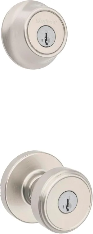 Kwikset Maven Front Door Lock Handle and Deadbolt Set, Entry Handleset Round Exterior with Interior Door Knob, Secure Locking Deadbolt, Satin Nickel, with Microban Protection