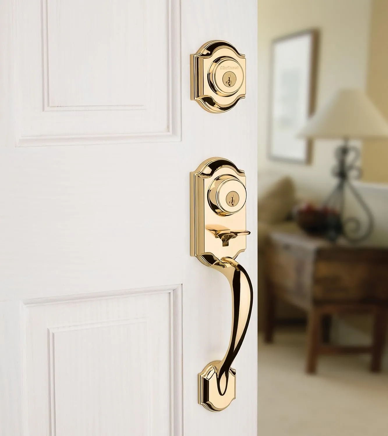 Kwikset Montara Front Door Lock Handle and Deadbolt Set, Entry Handleset Exterior with Interior Door Knob, Polished Brass, Pick Resistant SmartKey Rekey Deadbolt Security