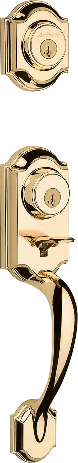 Kwikset Montara Front Door Lock Handle and Deadbolt Set, Entry Handleset Exterior with Interior Door Knob, Polished Brass, Pick Resistant SmartKey Rekey Deadbolt Security