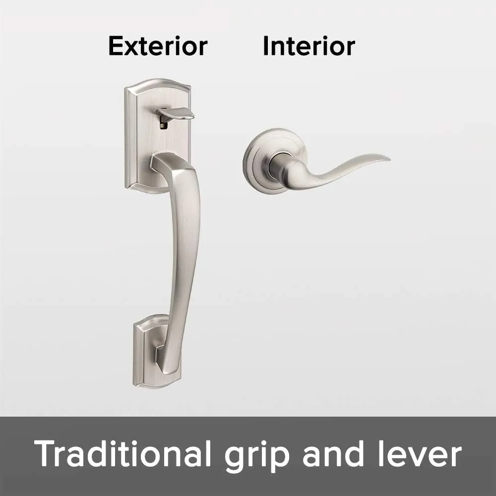 Kwikset Prescott Front Door Handle No Lock, Entry Handleset Exterior with Interior Reversible Handed Lever, Non-Locking, Satin Nickel, Deadbolt Not Included, with Microban Protection