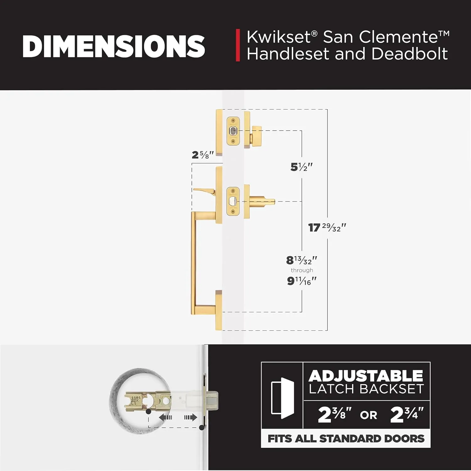 Kwikset San Clemente Front Door Lock Handle and Deadbolt Set, Entry Handleset Exterior with Interior Reversible Lever, Satin Brass, Pick Resistant SmartKey Deadbolt Security, with Microban Protection