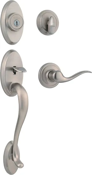 Kwikset Shelburne Front Door Lock Handle and Deadbolt Set, Entry Handleset Exterior with Interior Reversible Lever, Satin Nickel, Pick Resistant SmartKey Rekey Deadbolt Security