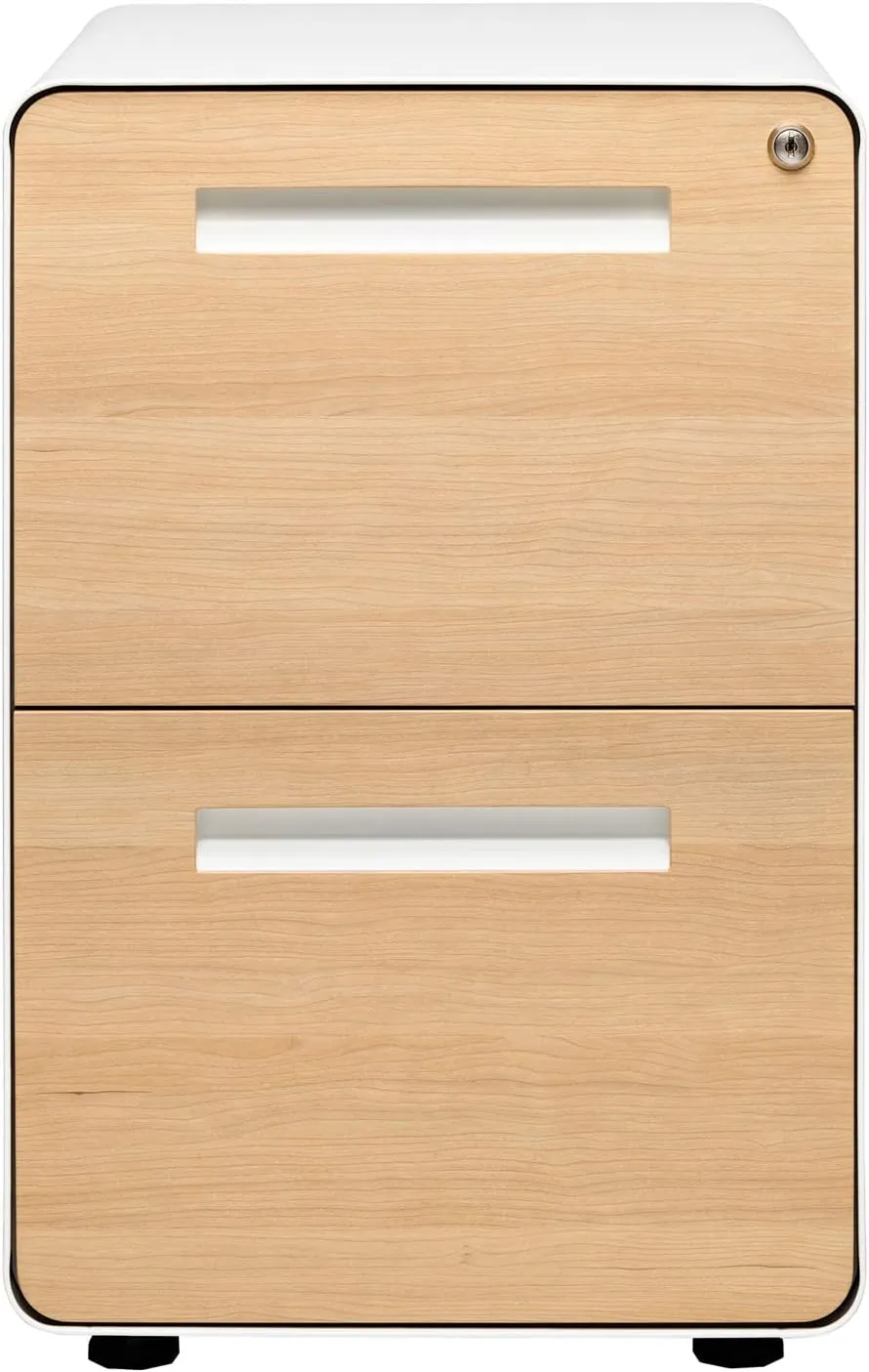 Laura Davidson Furniture Stockpile 2 Drawer Mobile File Cabinet with Lock - Under Desk Metal Filing Cabinet, Legal/Letter File Folders, Wheels and Stationary Feet, Pre-Assembled, White/Wood