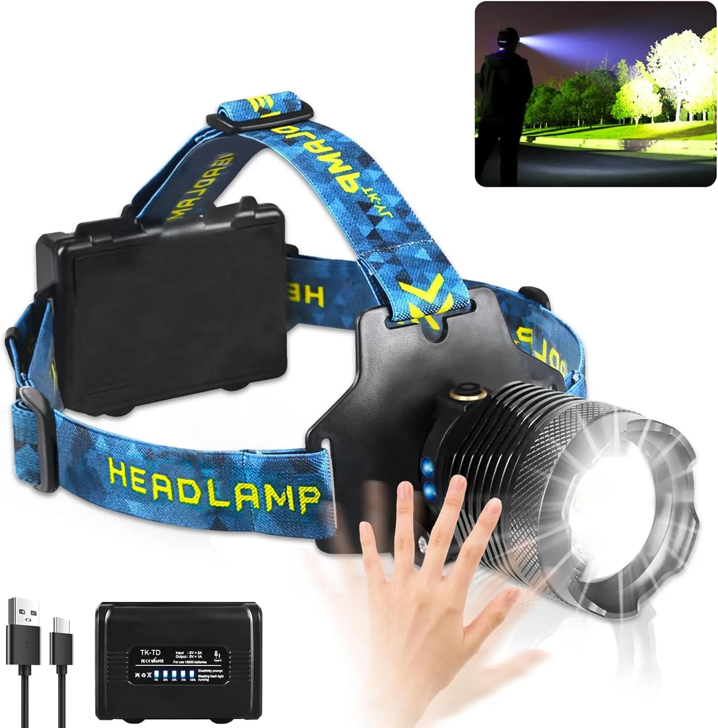 LED Head Lamp, Rechargeable Headlamp, Super Bright 1200 High Lumen, with 3 Modes, Zoomable Head Lights for Forehead, IP68 Waterproof, 90° Adjustable Headlamp Flashlight for Outdoor Camping,Jogging