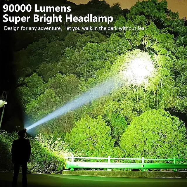 LED Rechargeable Headlamps, 90000 Lumen Super Bright Headlamp Flashlight 90° Adjustable 4 Modes IPX5 Waterproof USB Rechargeable Head Lamp for Camping Running Hunting Cycling Climbing Hiking