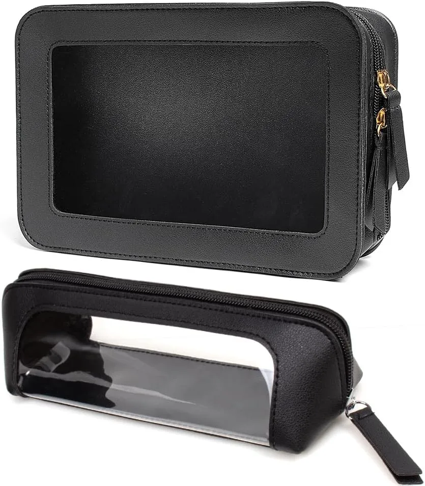 LETGO 2Pack Clear Makeup Bags, TSA Approved Toiletry Bag with Zipper, Clear Makeup Organizer Fit Carry-on Travel Car Accessories Essentials,Portable Travel Pouch for Women Men (2Pack-Black Set)