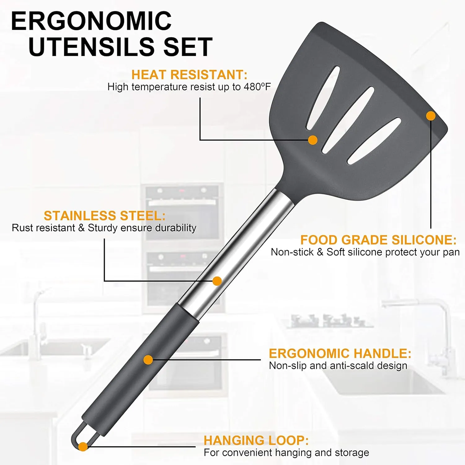 LIANYU 27 PCS Cooking Kitchen Utensils with Holder, Silicone Kitchen Utensils Spatula Set with Stainless Steel Handle, Kitchen Cooking Gadgets Tools for Nonstick Cookware, Heat Resistant, Gray