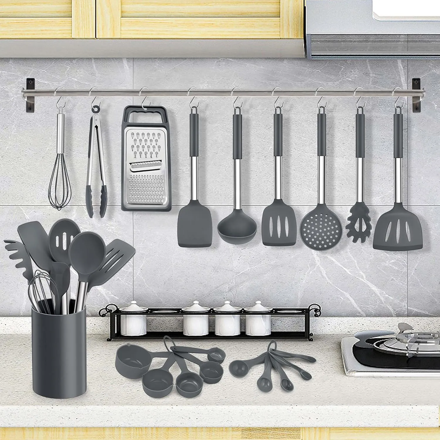 LIANYU 27 PCS Cooking Kitchen Utensils with Holder, Silicone Kitchen Utensils Spatula Set with Stainless Steel Handle, Kitchen Cooking Gadgets Tools for Nonstick Cookware, Heat Resistant, Gray