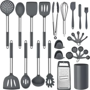 LIANYU 27 PCS Cooking Kitchen Utensils with Holder, Silicone Kitchen Utensils Spatula Set with Stainless Steel Handle, Kitchen Cooking Gadgets Tools for Nonstick Cookware, Heat Resistant, Gray