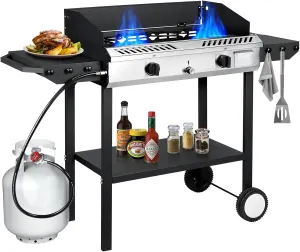 Llamaviva 2 Burner Outdoor Gas Burner with Side Shelves, Auto-ignition & Regulator, 150,000 BTU Propane Outdoor Stoves for Cooking, Camping&BBQ Cookouts