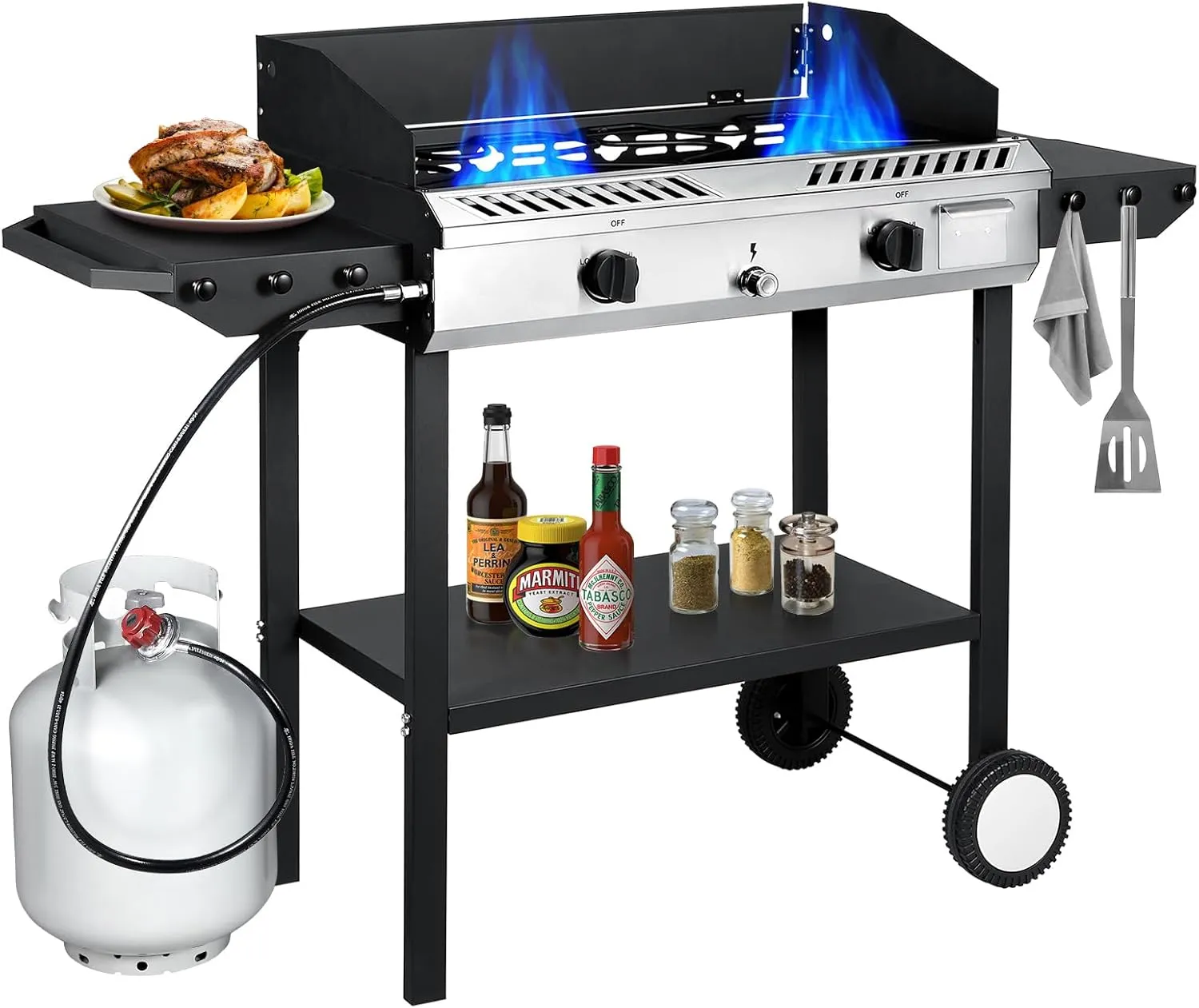 Llamaviva 2 Burner Outdoor Gas Burner with Side Shelves, Auto-ignition & Regulator, 150,000 BTU Propane Outdoor Stoves for Cooking, Camping&BBQ Cookouts