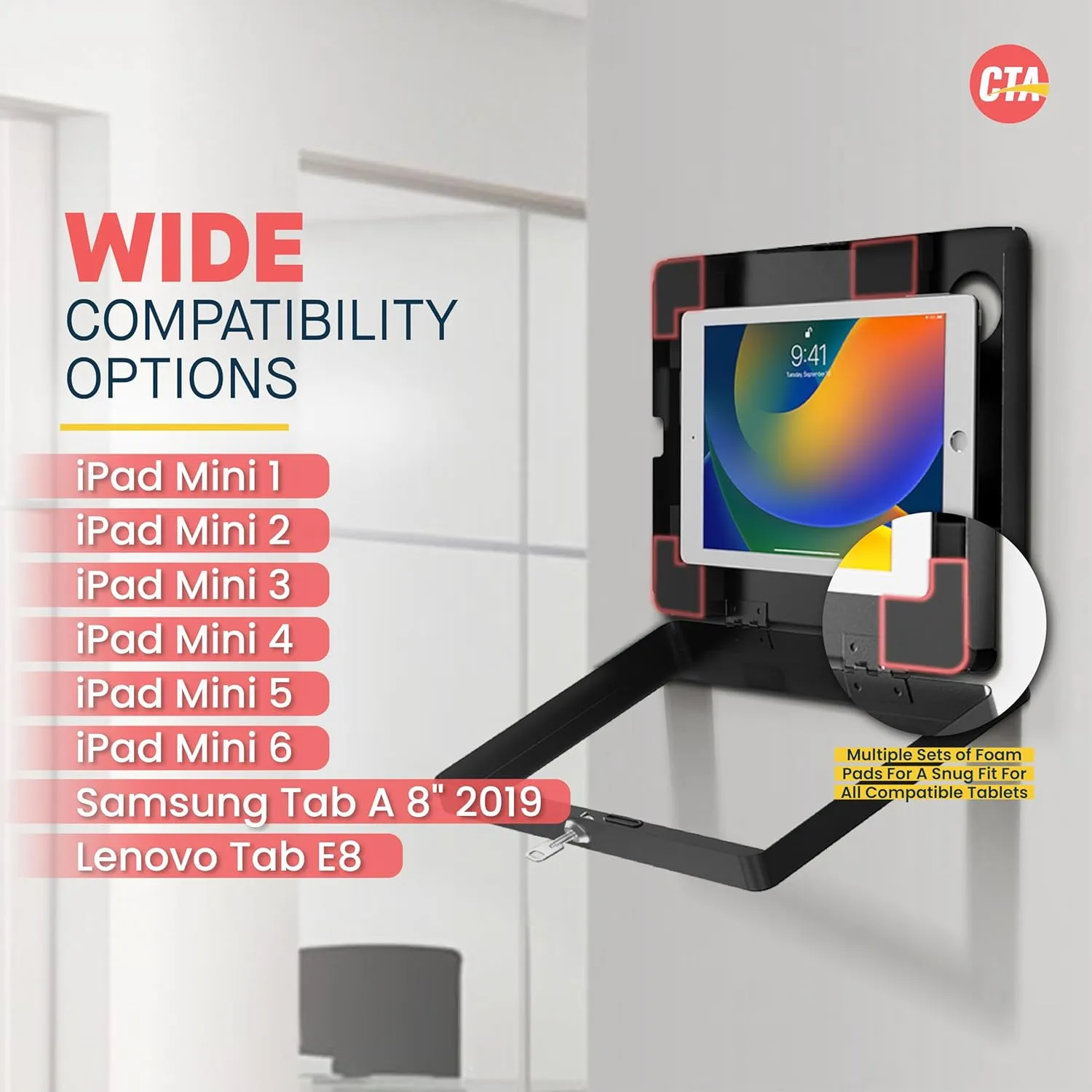 Locking iPad Wall Mount - CTA Anti-Theft Small Locking Tablet Enclosure w/ Key Lock & Interior Cable Routing for iPad Mini 1, 2, 3, 4, 5, 6, Samsung Tab A 8″, Lenovo Tab E8 - Black - (PAD-PSWB)