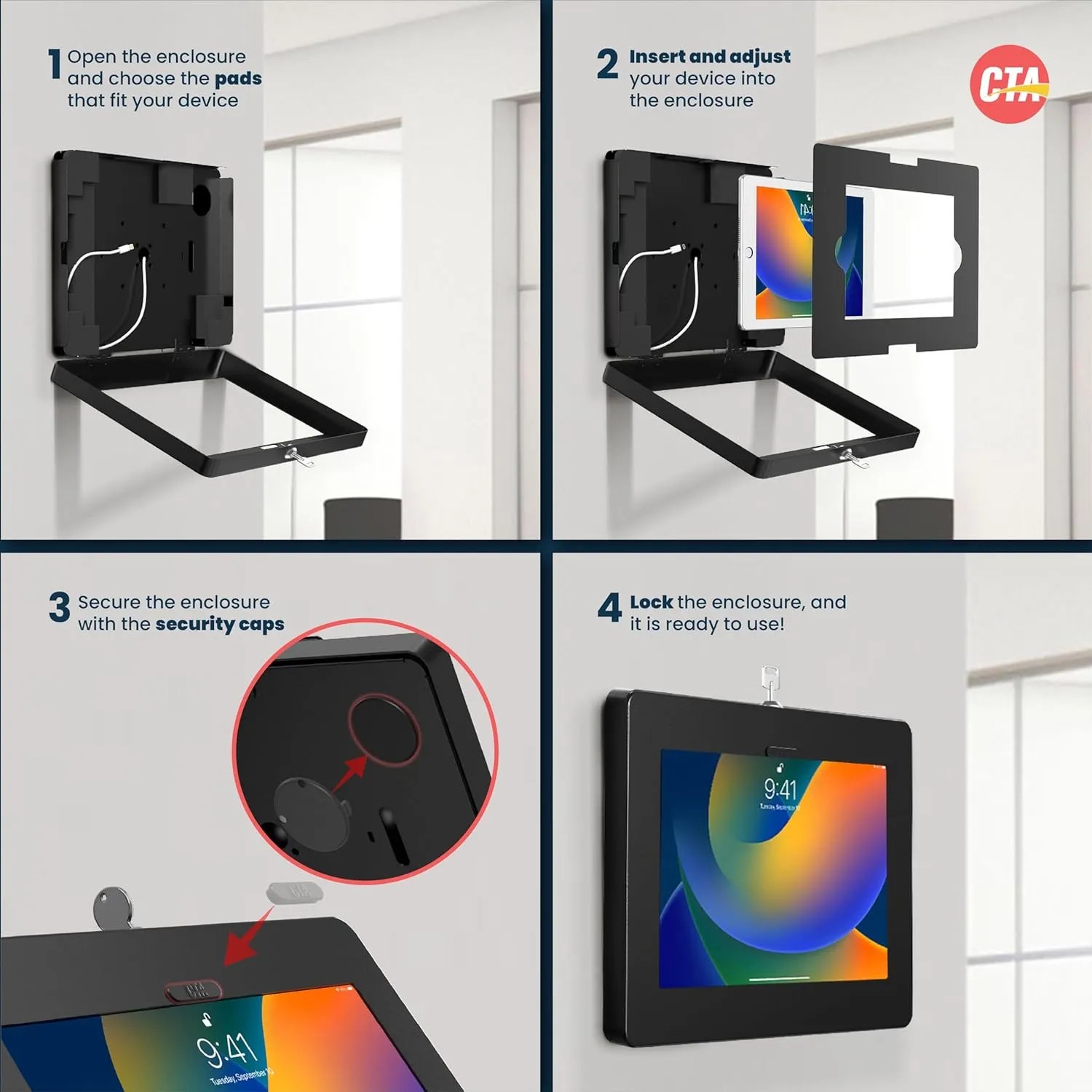 Locking iPad Wall Mount - CTA Anti-Theft Small Locking Tablet Enclosure w/ Key Lock & Interior Cable Routing for iPad Mini 1, 2, 3, 4, 5, 6, Samsung Tab A 8″, Lenovo Tab E8 - Black - (PAD-PSWB)