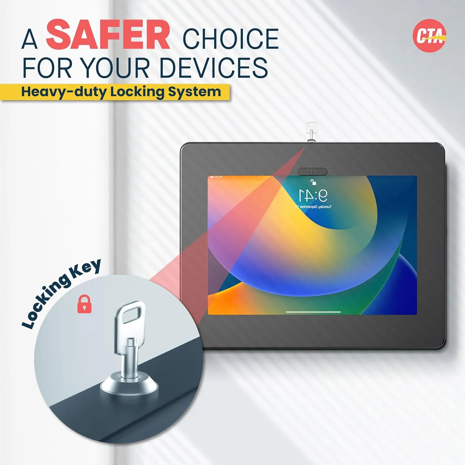 Locking iPad Wall Mount - CTA Anti-Theft Small Locking Tablet Enclosure w/ Key Lock & Interior Cable Routing for iPad Mini 1, 2, 3, 4, 5, 6, Samsung Tab A 8″, Lenovo Tab E8 - Black - (PAD-PSWB)