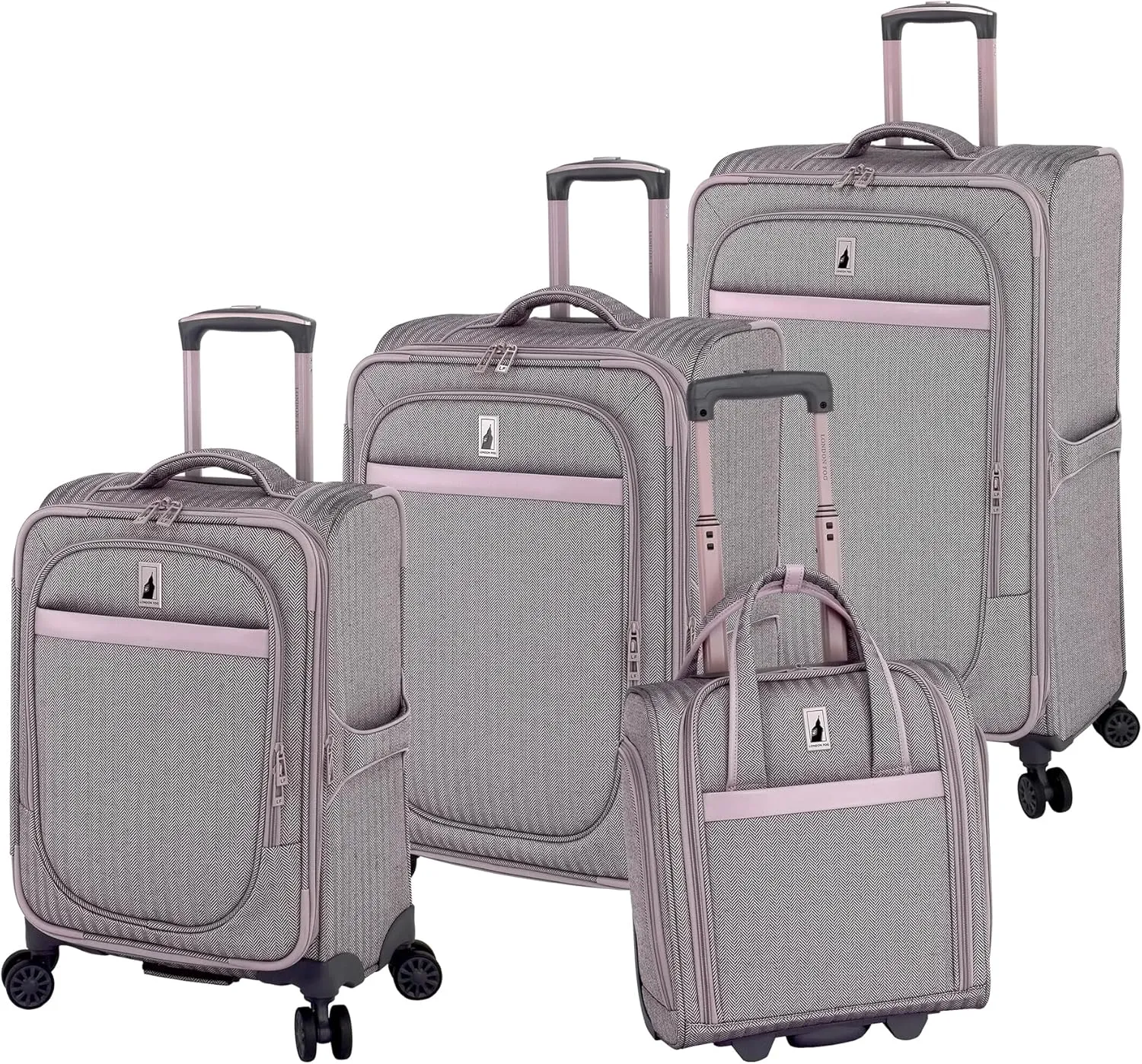 London Fog Kensington 4 Piece Nested Set Lavender Black Herringbone USB, 15", 20", 24" and 28"