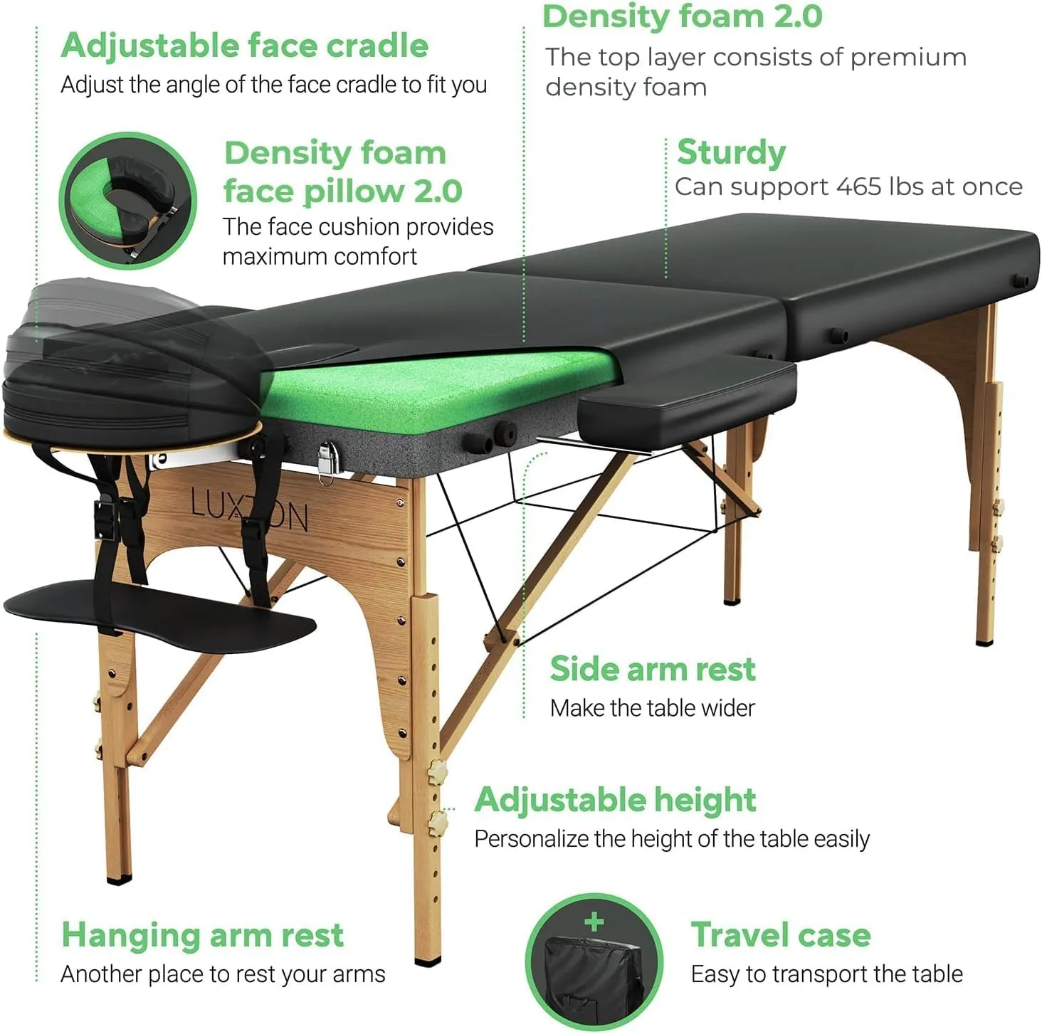 Luxton Home Premium Foam Massage Table Portable Foldable Massage Bed Height Adjustable, 72 Inches Long 27 Inches Wide Home Salon Spa Bed Tattoo Table with Accessories & Carrying Case, Easy Set Up