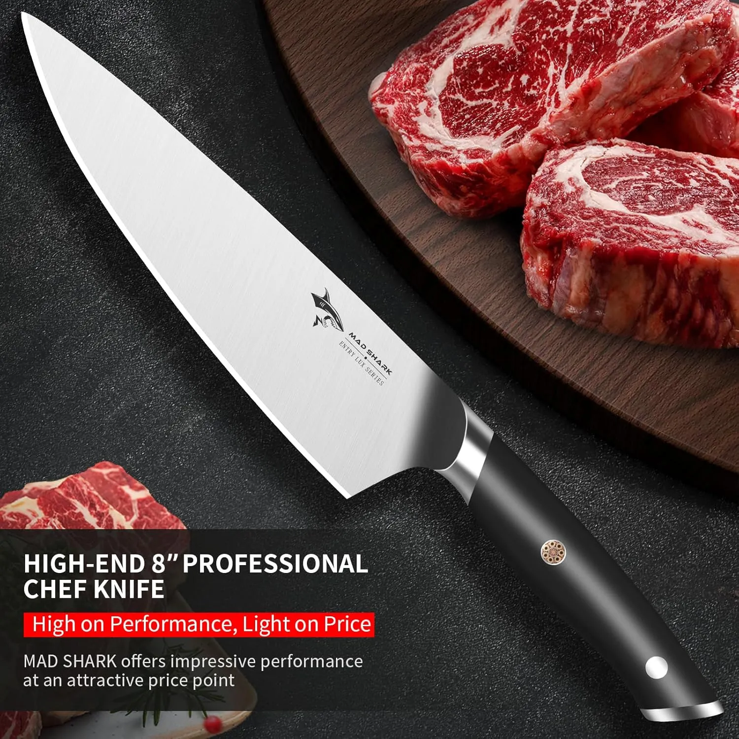 MAD SHARK 8-Inch Chef Knife - German High Carbon Stainless Steel Kitchen Knife, Professional-Grade Razor-Sharp Edge with Ergonomic Grip | Premium Cooking & Gift Set (Gift Box Included)
