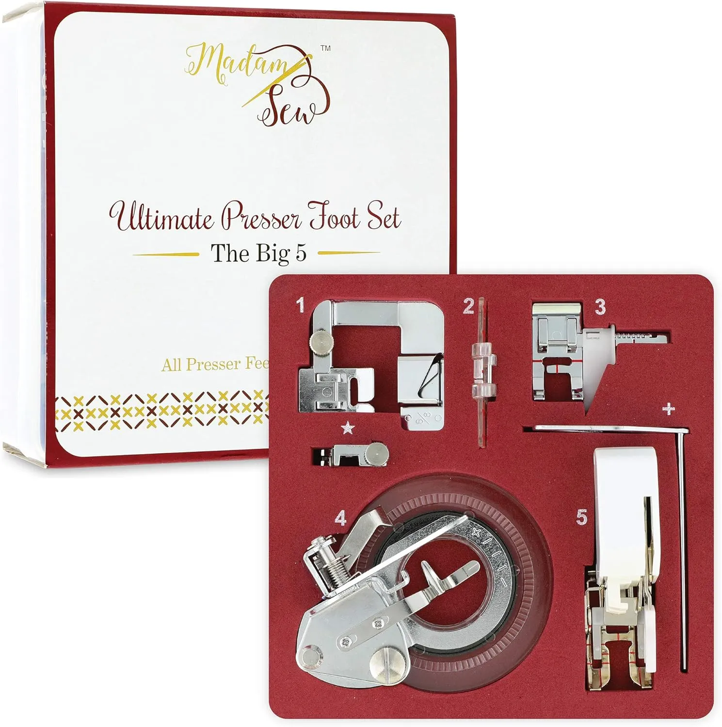 Madam Sew Big 5 Sewing Foot Attachments in Deluxe Case with Booklet & Low Shank Snap-On Adapter | Includes Walking Foot, Quilting Foot, Adjustable Guide, Flower Stitch Foot, & Rolled Hem Foot