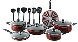 MAJOR-Q/SEEMANN 17 PIECE "X-LARGE" NONSTICK POTS AND PANS KITCHEN COOKWARE GIFT SET WITH COOKING UTENSILS, DARK RED