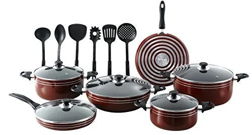 MAJOR-Q/SEEMANN 17 PIECE "X-LARGE" NONSTICK POTS AND PANS KITCHEN COOKWARE GIFT SET WITH COOKING UTENSILS, DARK RED