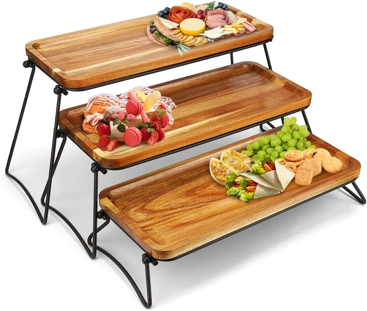 Manspdier 3 Tier Cupcake Stand & Towers Serving Tray for Party, Acacia Wooden Dessert Table Display Set, Decorative Tiered Decor Small Chees Charcuterie Boards Rustic Wood Platters Trays, (A010)