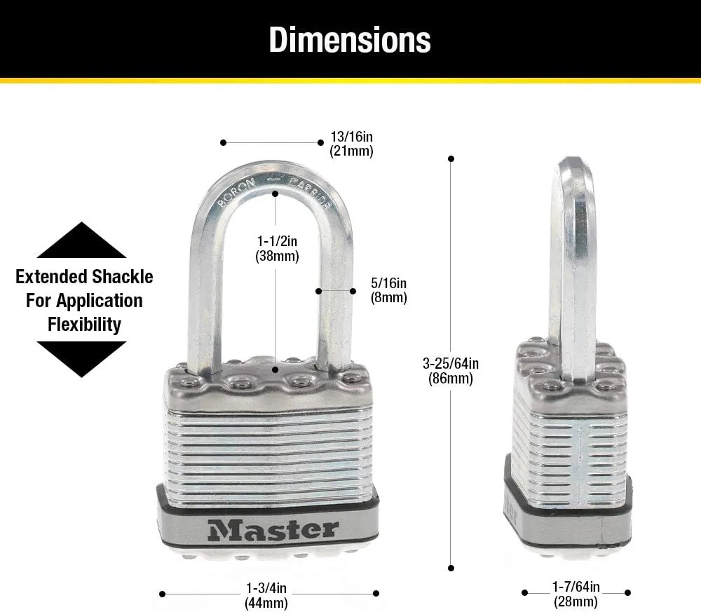 Master Lock Silver Magnum Outdoor Padlock with Key, Keyed Alike Gate Locks for Outdoor Fence or Shed with Long Shackle, 4 Pack, M1XQLFCCSEN