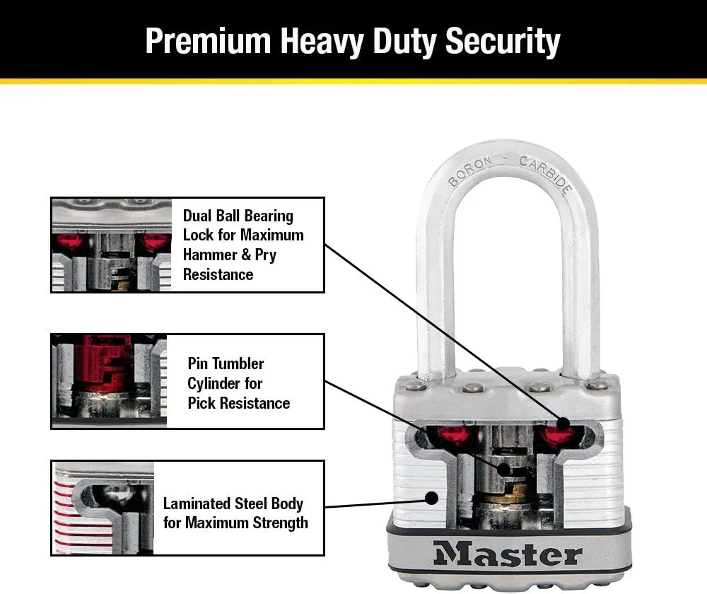 Master Lock Silver Magnum Outdoor Padlock with Key, Keyed Alike Gate Locks for Outdoor Fence or Shed with Long Shackle, 4 Pack, M1XQLFCCSEN