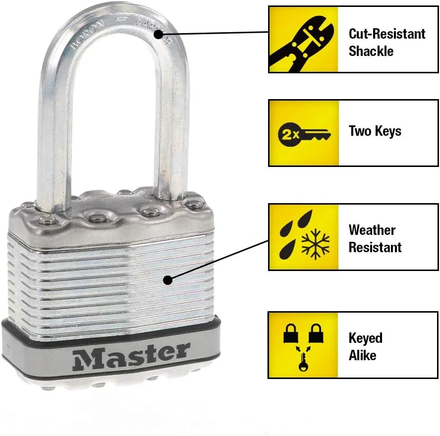 Master Lock Silver Magnum Outdoor Padlock with Key, Keyed Alike Gate Locks for Outdoor Fence or Shed with Long Shackle, 4 Pack, M1XQLFCCSEN