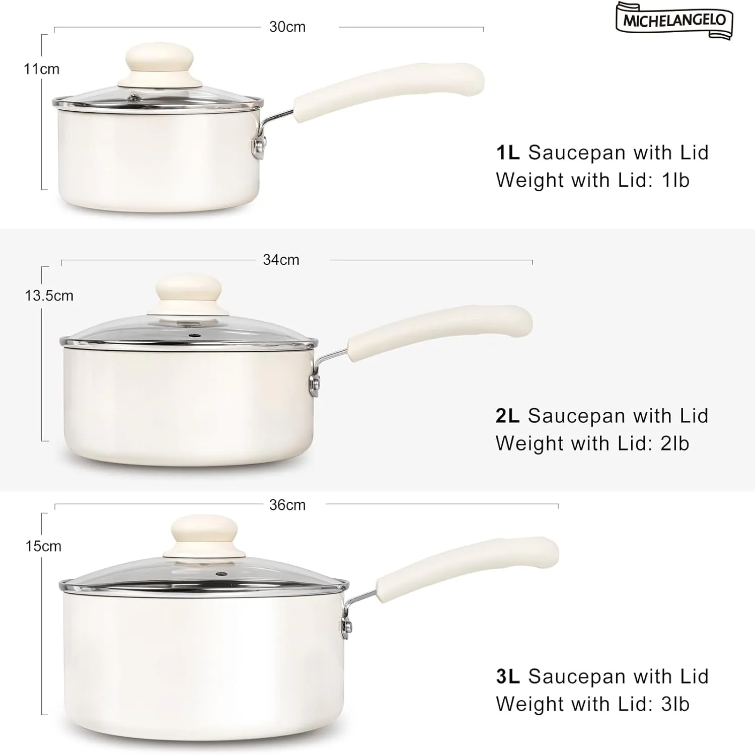MICHELANGELO Nonstick Sauce Pan Sets, Ceramic Saucepan with Lid, Multipurpose Pot with Lid, Non-Toxic Saucepans, Induction Compatible, 3QT, White