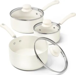 MICHELANGELO Sauce Pan With Lid, Granite Nonstick Saucepans Set, 1QT&2QT&3QT Saucepan With Lid, Multipurpose Cooking Pots, White