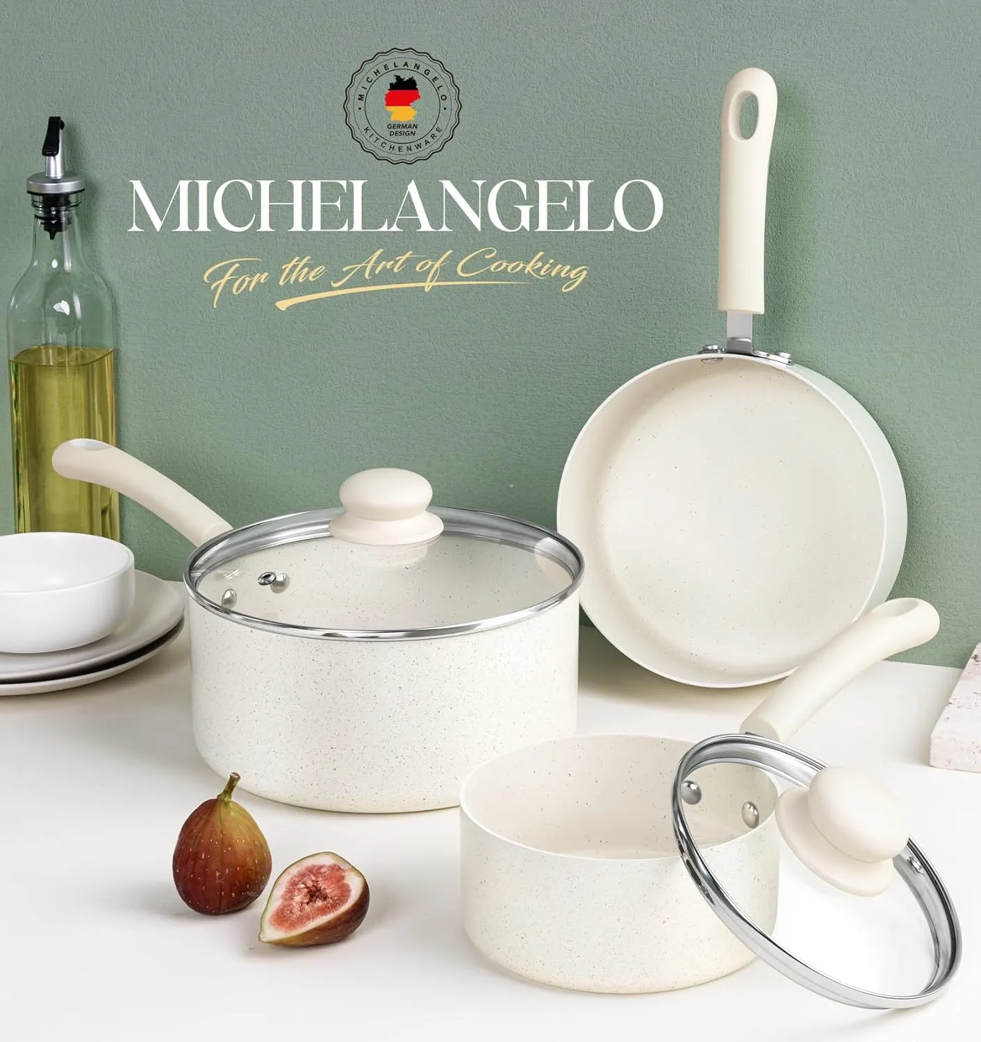 MICHELANGELO Sauce Pan With Lid, Granite Nonstick Saucepans Set, 1QT&2QT&3QT Saucepan With Lid, Multipurpose Cooking Pots, White