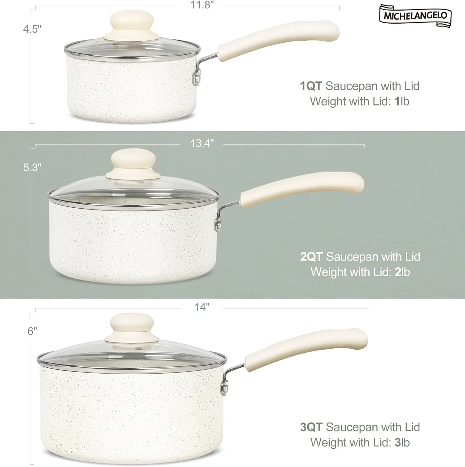 MICHELANGELO Sauce Pan With Lid, Granite Nonstick Saucepans Set, 1QT&2QT&3QT Saucepan With Lid, Multipurpose Cooking Pots, White