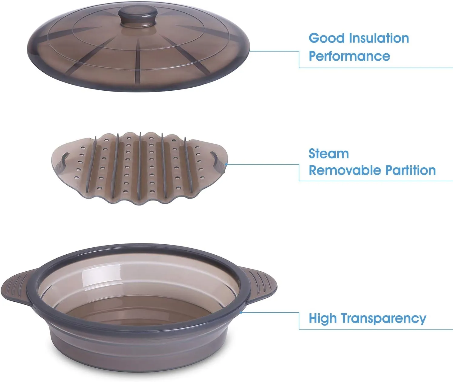 Microwave Steamer Cooker Collapsible Bowl-Silicone Steamer Cookware with Handle Lid for Vegetables Fish Prep Meal Food with Removable Rack BPA Free, Easy to Store, Freezer & Dishwasher Safe, Black
