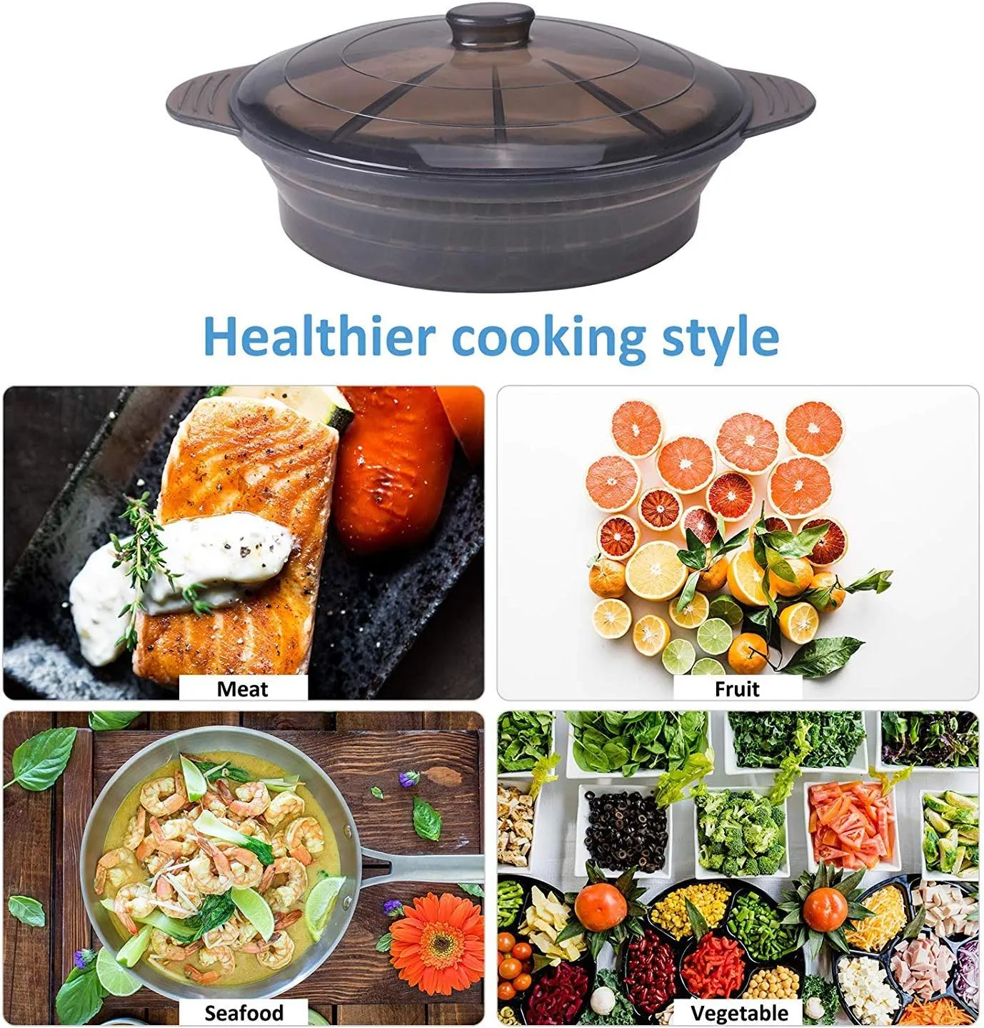 Microwave Steamer Cooker Collapsible Bowl-Silicone Steamer Cookware with Handle Lid for Vegetables Fish Prep Meal Food with Removable Rack BPA Free, Easy to Store, Freezer & Dishwasher Safe, Large