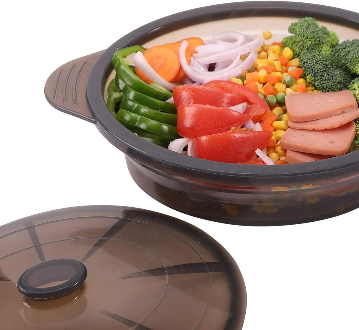 Microwave Steamer Cooker Collapsible Bowl-Silicone Steamer Cookware with Handle Lid for Vegetables Fish Prep Meal Food with Removable Rack BPA Free, Easy to Store, Freezer & Dishwasher Safe, Large