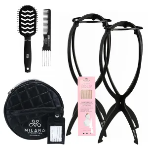 Milano Collection 4 pc. Travel Essential Wig Accessory Kit with Original Tan WiGrip Comfort Band, Round Travel Case, Brush Set, Tall Collapsible Wig Stand for Wigs, Frontals, Styling