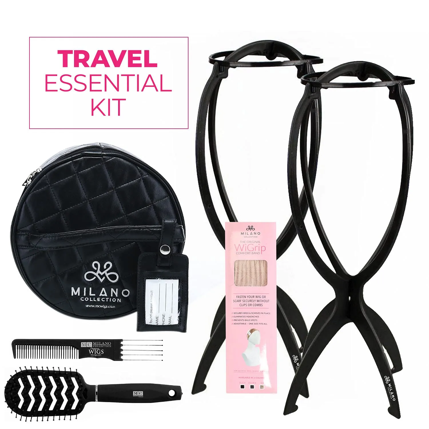 Milano Collection 4 pc. Travel Essential Wig Accessory Kit with Original Tan WiGrip Comfort Band, Round Travel Case, Brush Set, Tall Collapsible Wig Stand for Wigs, Frontals, Styling