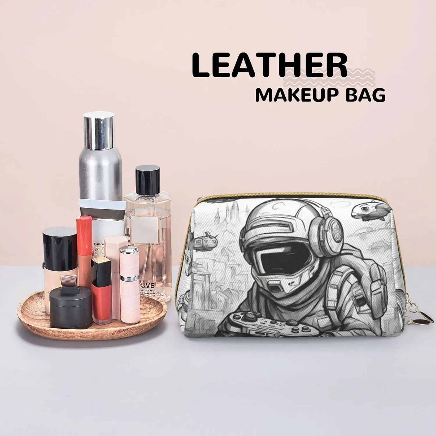 Monochrome Sketch Style Gaming Toiletry Pouch, Travel-Friendly Makeup Organizer For Makeup Brushes, Lipsticks
